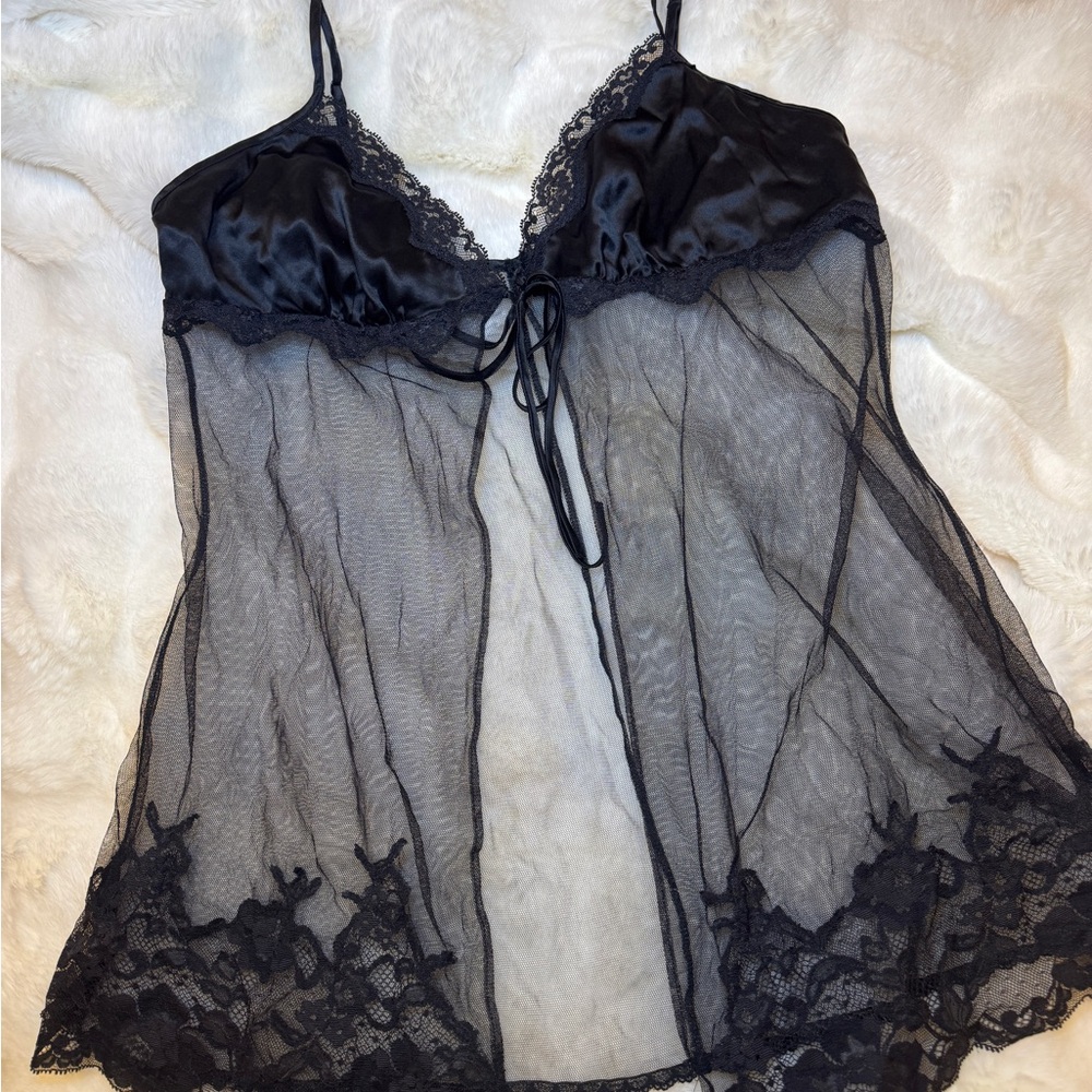 Vintage Victoria's Secret Black Sheer Lace & Satin Chemise Nightie